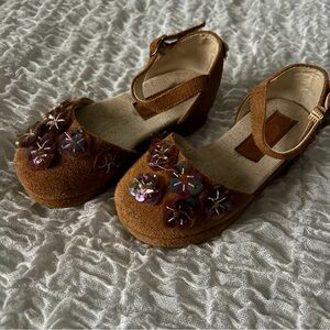 Joyfolie Brown Suede Girls Mary Jane Shoes with Iridescent Flower Embellishments